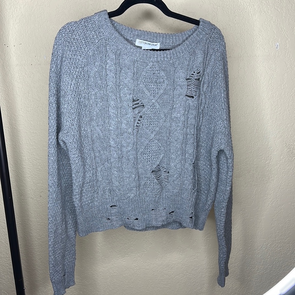 Distressed cable knit sweater size large